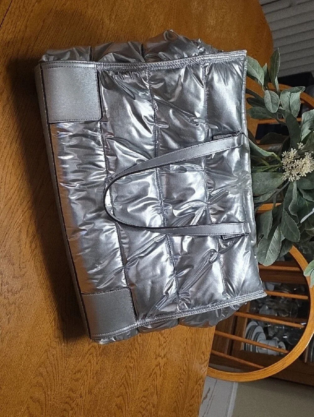 Tory Burch Metallic Silver Quilted Puffer Tote